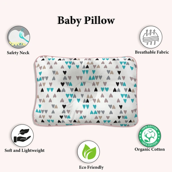 Adhigams New Born Baby Stylish Cotton Pillow/Baby Headrest/Baby Support Pillow | Crib Pillow for Baby boy and Girl (28x17 cm) heart design (White)
