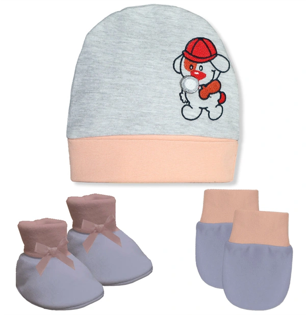 Adhigams New Born Bubbly Bear Stylish Cotton Caps/Mittens/Booties | Cotton Baby Set for Baby boy and Girl (Pack of 3) Grey