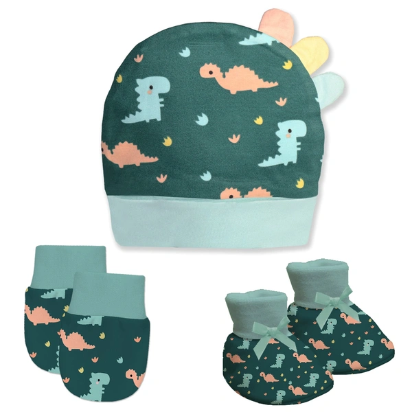 Adhigams New Born Dino Doodle Stylish Cotton Caps/Mittens/Booties | Cotton Baby Set for Baby boy and Girl (Pack of 3) Green