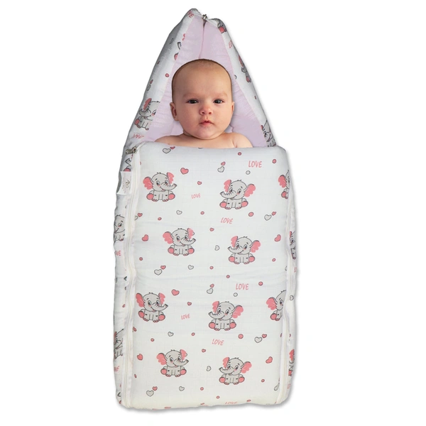 Adhigams New Born Grey Baby Elephant Stylish Muslin Sleeping Bag/Carry Nest/Portable Bassinet | Baby Sleeping Bag for Baby boy and Girl (Pack of 1) (0 to 6 Months) (White)