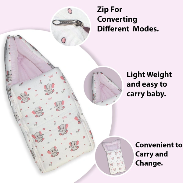 Adhigams New Born Grey Baby Elephant Stylish Muslin Sleeping Bag/Carry Nest/Portable Bassinet | Baby Sleeping Bag for Baby boy and Girl (Pack of 1) (0 to 6 Months) (White)