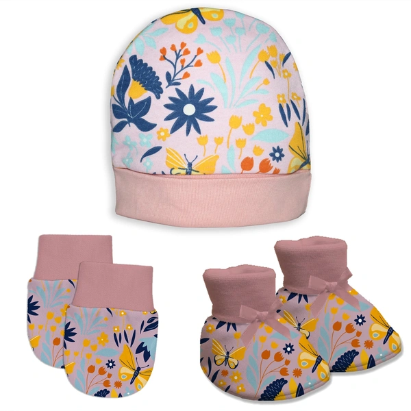 Adhigams New Born Sky Dancer Stylish Cotton Caps/Mittens/Booties | Cotton Baby Set for Baby boy and Girl (Pack of 3) Pink