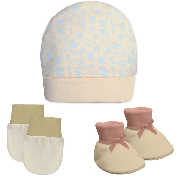 Adhigams New Born Tiny Teats Stylish Cotton Caps/Mittens/Booties | Cotton Baby Set for Baby boy and Girl (Pack of 3) Peach