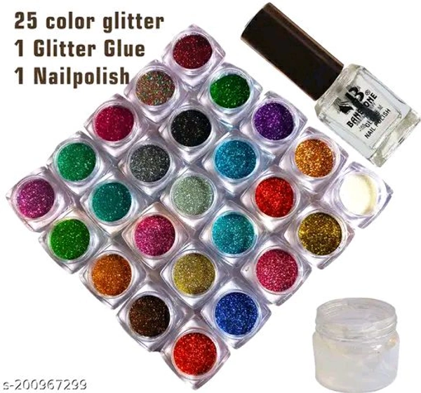 Multicolor Eyemakeup Eyeshadow Glitter Powder + Clear Nail polish + Glitter glue