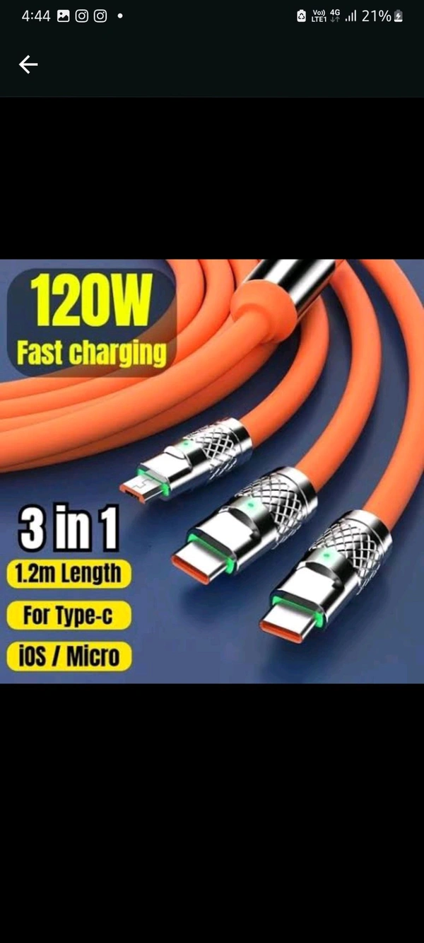 3 In 1 120w Fast Charge Support Data Cable ( For Iphone / Android / ) - White, Free Size