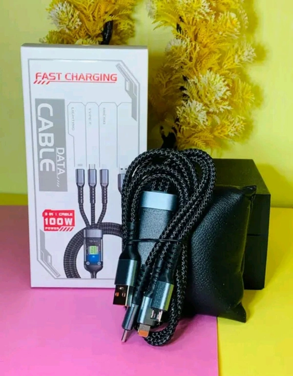 100w Fast Data Cable With 3 Type MICRO USB / TYPE-C / LIGHTING High Speed Charging  - Black, Free Size