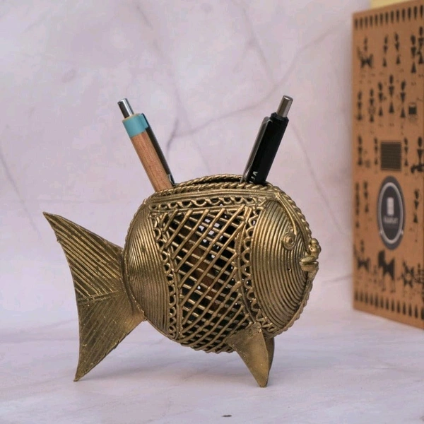 Dhokra Crafts Fish Pen Stand  - Height 5.5 Inch
