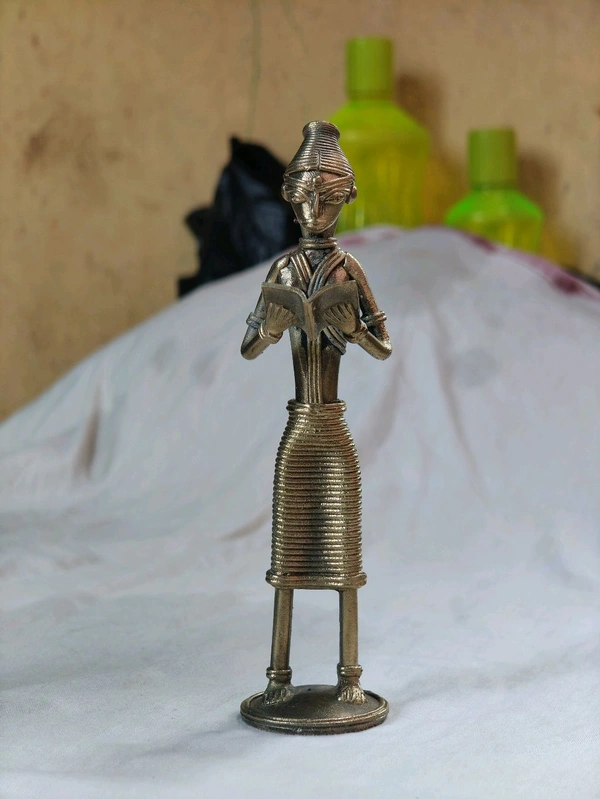 Dhokra Crafted - Standing Tribal Lady Reading Book  - Height 6 Inch