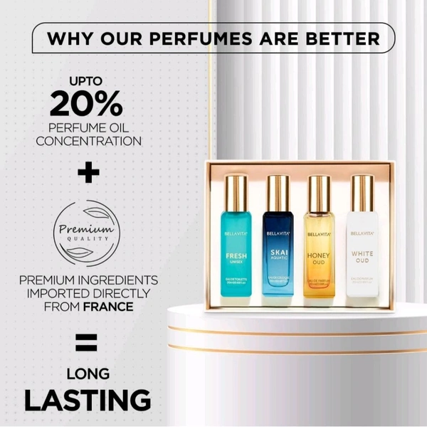 Bella Vita Luxury Long Lasting Unisex Perfume Gift Set | 4x20ml Perfume for Man & Woman | Woody, Aquatic, Sweet, Premium Fragrance Scent | SKAI, FRESH, WHITEOUD, HONEY OUD | Gifts for Men and Women