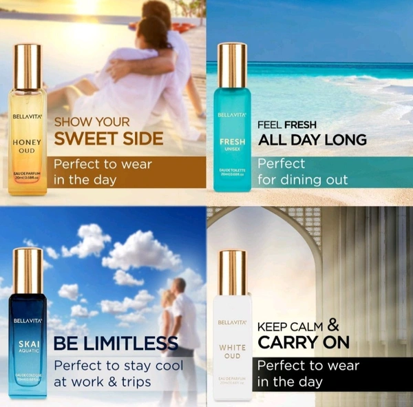 Bella Vita Luxury Long Lasting Unisex Perfume Gift Set | 4x20ml Perfume for Man & Woman | Woody, Aquatic, Sweet, Premium Fragrance Scent | SKAI, FRESH, WHITEOUD, HONEY OUD | Gifts for Men and Women
