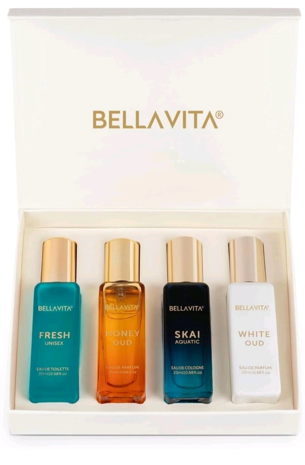 Bella Vita Luxury Long Lasting Unisex Perfume Gift Set | 4x20ml Perfume for Man & Woman | Woody, Aquatic, Sweet, Premium Fragrance Scent | SKAI, FRESH, WHITEOUD, HONEY OUD | Gifts for Men and Women