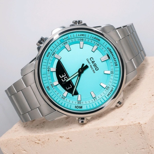 CASIO G-SHOCK BEST QUALITY MEN'S WATCH                                                                DIAL:-SKY BLUE                                                      BELT:-SILVER
The main features of Casio AMW-880-1AV analog digital quartz watch  includes 10 years battery life, world time display on the dial, digital alarm,stopwatch & telememo. - Silver, ALL