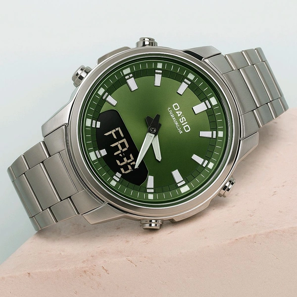 G-SHOCK BEST QUALITY MEN'S WATCH                                                                DIAL:- GREEN                                                      BELT:-SILVER
The main features of Casio AMW-880-1AV analog digital quartz watch  includes 10 years battery life, world time display on the dial, digital alarm,stopwatch & telememo. - Silver, ALL
