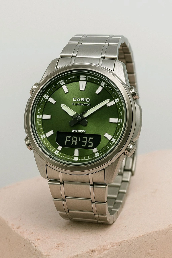G-SHOCK BEST QUALITY MEN'S WATCH                                                                DIAL:- GREEN                                                      BELT:-SILVER
The main features of Casio AMW-880-1AV analog digital quartz watch  includes 10 years battery life, world time display on the dial, digital alarm,stopwatch & telememo. - Silver, ALL