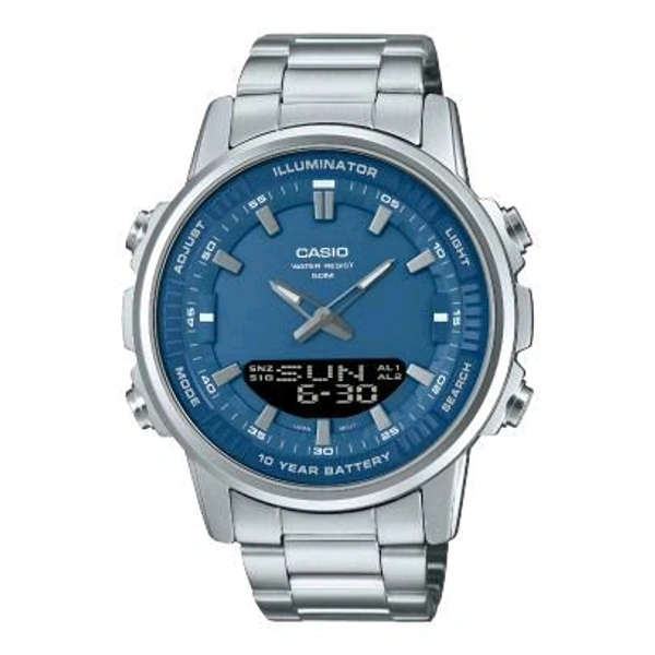CASIO G-SHOCK BEST QUALITY MEN'S WATCH                                                                DIAL:-DARK BLUE                                                      BELT:-SILVER
The main features of Casio AMW-880-1AV analog digital quartz watch  includes 10 years battery life, world time display on the dial, digital alarm,stopwatch & telememo. - Royal Blue, ALL