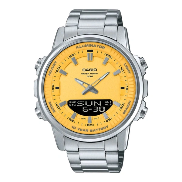 G-SHOCK BEST QUALITY MEN'S WATCH                                                                DIAL:-YELLOW                                                      BELT:-SILVER
The main features of Casio AMW-880-1AV analog digital quartz watch  includes 10 years battery life, world time display on the dial, digital alarm,stopwatch & telememo. - Turbo, ALL