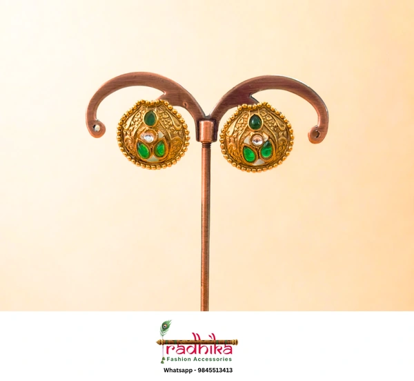 Elegant oxidised gold pan shape studs with vibrant stones