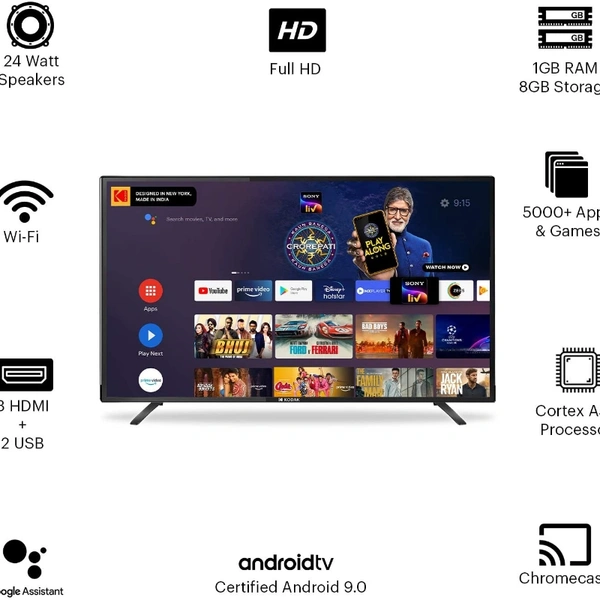 Kodak 102 cm (40 Inches) Full HD Certified Android LED TV 40FHDX7XPRO (Black) (2020 Model - Black, 40 inch
