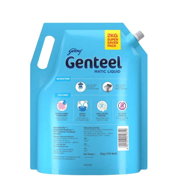  Genteel Godrej Genteel Matic Liquid Detergent Top Load Pouch:  - 2kg