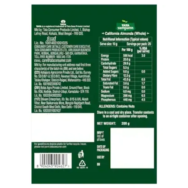 Tata Sampann  Tata Sampann California Almonds Whole: 200 g - 200g