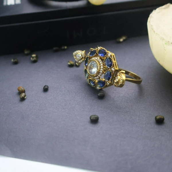 Royal Blue Stone Adjustable Dual Ring with Central Crystal