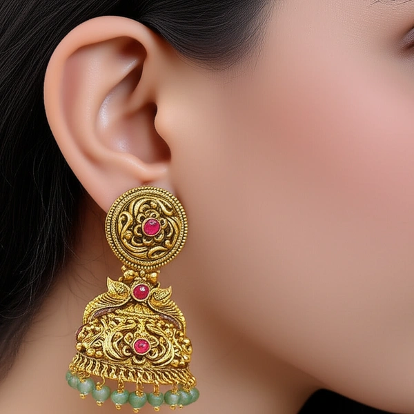 Jhumka Earrings with Ruby and Emerald Accents