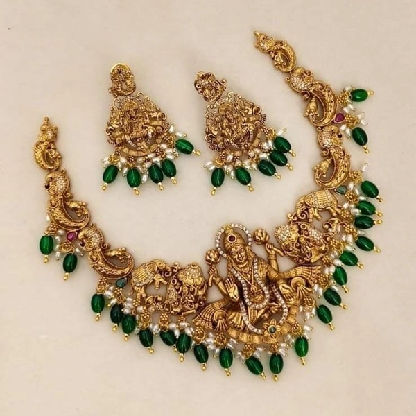 nakshi gold green beeds neck set