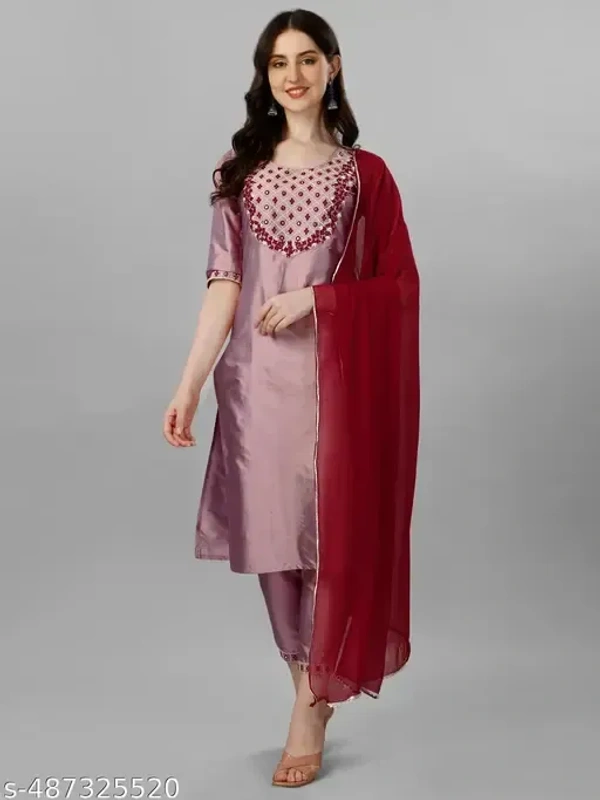 Women Art Silk Embroidered Mirror Work Thread 3 Pcs Kurta Set