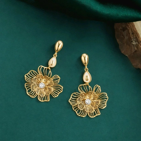 Blooming Gold Mesh Flower Earrings with Crystal Stud ( Premium Earrings )