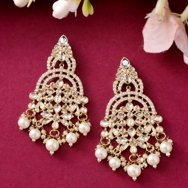 Royal Kundan & Pearl Drop Chandbali Earrings ( Premium Earrings )