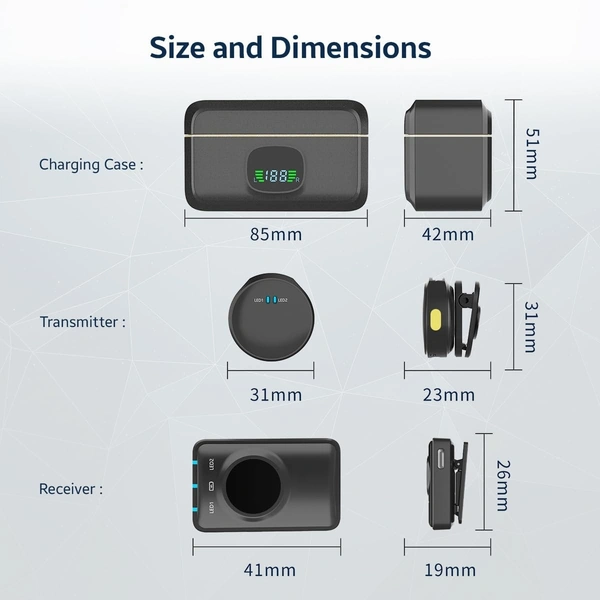 VOOK Wireless Mic - Dual Channel Lavalier Microphone for Noise Cancelling, 24-bit 48kHz Audio Quality for iPhone and Android | Charging Case Included (VOOKLM6) - Black