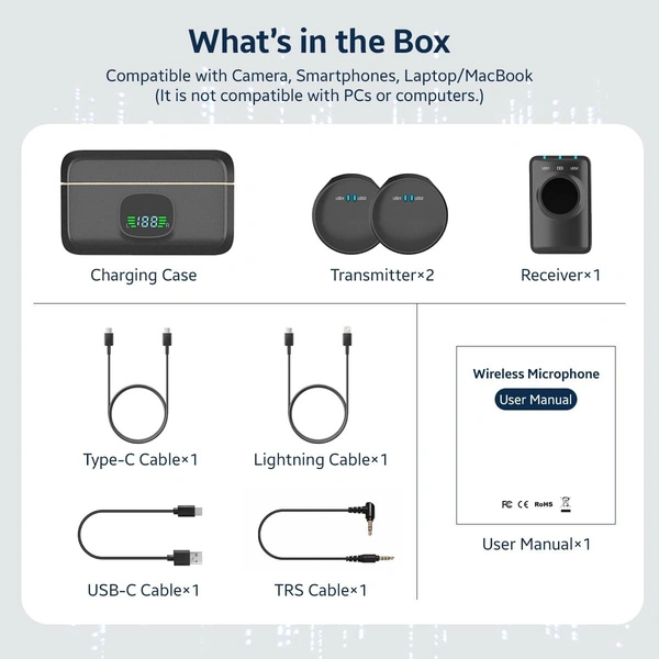 VOOK Wireless Mic - Dual Channel Lavalier Microphone for Noise Cancelling, 24-bit 48kHz Audio Quality for iPhone and Android | Charging Case Included (VOOKLM6) - Black