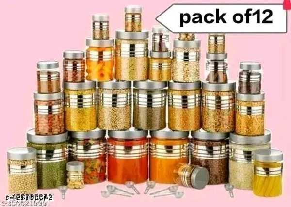 Thesikuway Plastic Pet Storage Jar and Container, 12 pcs With Spoons Air Tight | Kitchen Organiser Improved Mod - Silver