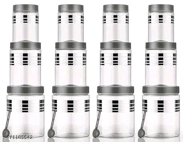 Thesikuway Plastic Pet Storage Jar and Container, 12 pcs With Spoons Air Tight | Kitchen Organiser Improved Mod - Silver