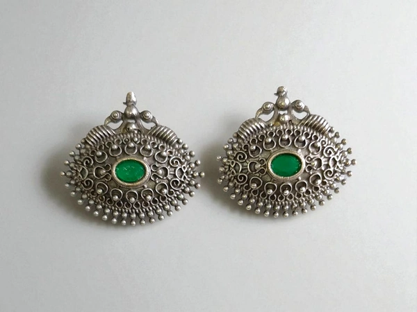 Oxidized  Stud Earrings with  Stone for Women - Ethnic Tribal Jewelry - Green