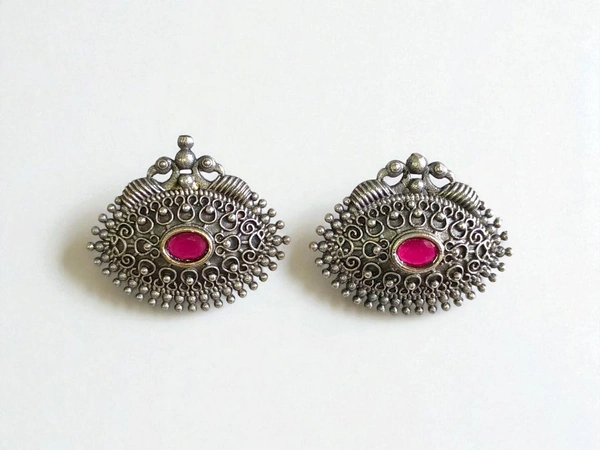 Oxidized  Stud Earrings with  Stone for Women - Ethnic Tribal Jewelry - Alizarin Crimson