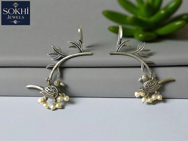 SOKHI Jewels Silver Replica Handcrafted Bird-on-Branch  Earrings with Earcuffs –  Earrings with Pearl Drop Charms for Women & Girls - Silver Rust
