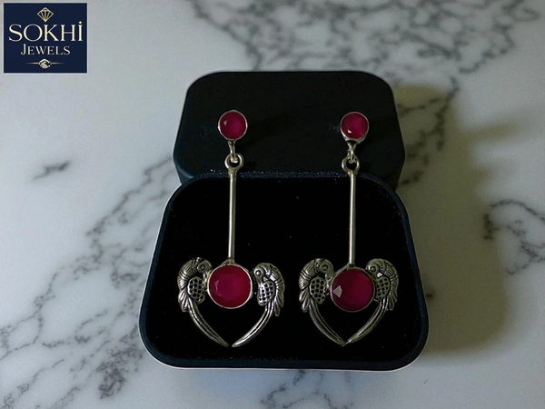 SOKHI Jewels Parrot Love Heart Earrings – Red Gemstone Long Drop Earrings with Antique Silver Finish for Women & Girls