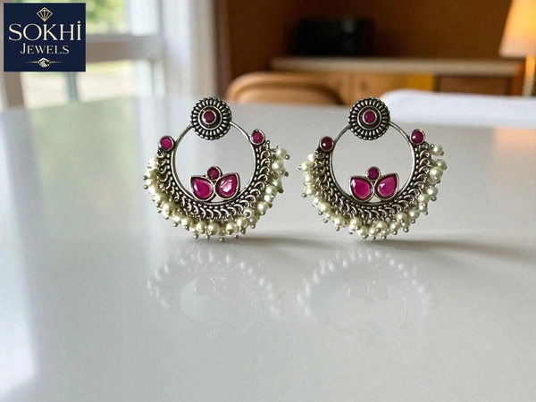 Sokhi Jewels Oxidized Silver-Plated Traditional Earrings with Pink Stones & Pearls – Ethnic Dangler Jhumka for Women & Girls - Mandy