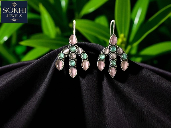 SOKHI Jewels Pink Lotus Crescent Earrings – Pearl-Embellished Oxidized Silver Hook Earrings for Traditional Wear for Women & Girls