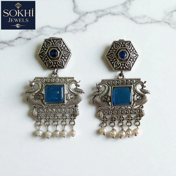  Sokhi Jewels Vintage Silver Replica Earrings with Dual Peacock Motif, Blue Stones & Pearl Drops – Traditional Ethnic Jewelry for  for Women & Girls