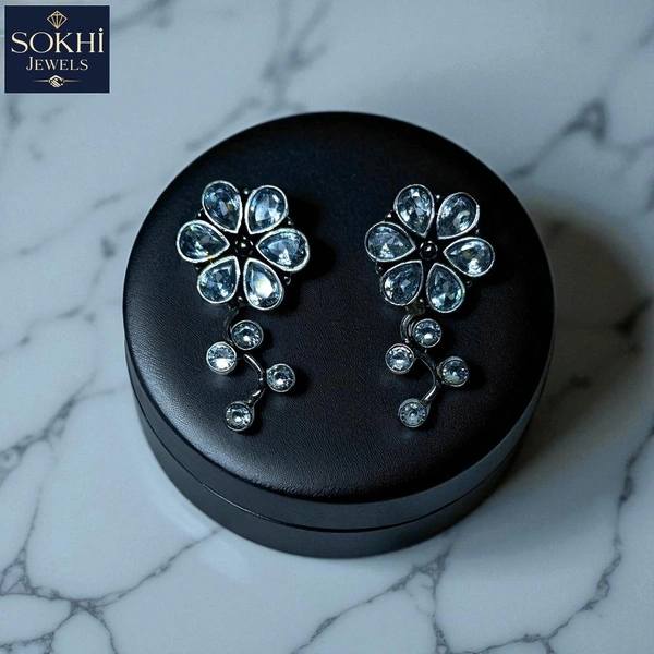 Sokhi Jewels Silver Replica Floral Crystal Drop Earrings – Elegant Teardrop & Round-Cut Stones in Silver Finish for Party, Festive & Bridal Wear for Women & Girls