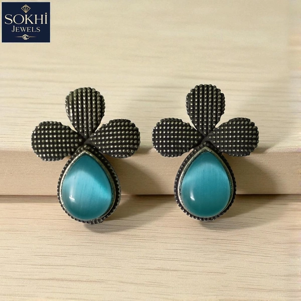 Sokhi Jewels Elegant Silver Replica Earrings with Yellow Teardrop Stone – Stylish Ethnic Danglers for Festive & Casual Wear for Women & Girls - Turquoise
