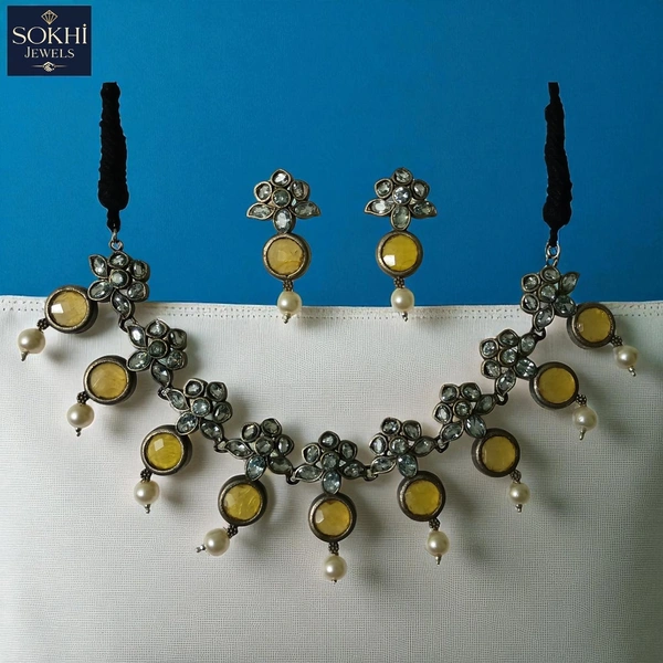 Sokhi Jewels Yellow Stone Necklace & Earring Set – Silver Replica Bridal Jewelry with Pearl Drops for Festive & Traditional Wear for Women & Girls