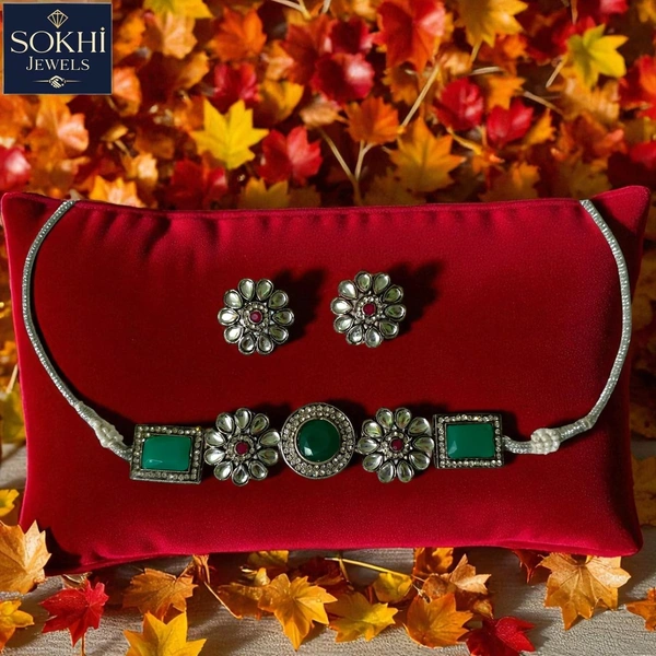 Sokhi Jewels Silver Toned Floral Nacklace & Earrings Set – Green & Red Stone Combo for Ethnic, Festive & Bridal Wear for Women & Girls