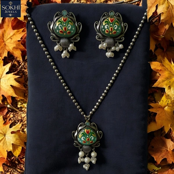 Sokhi Jewels Hand-Printed Pendant & Earrings Set – Pearl Drop Jewelry for Women  Ethnic Indian Festive Wear by Sokhi Jewels