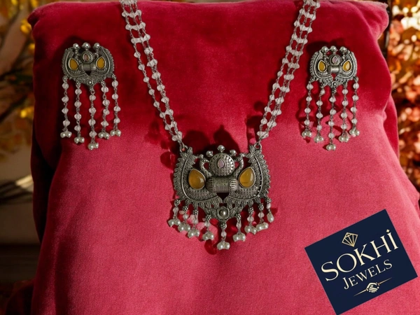Sokhi Jewels Silver Replica Crystal Chain Yellow Stone Necklace & Earring Set – Traditional Design with Pearl Drops  Festive Indian Jewelry for Women