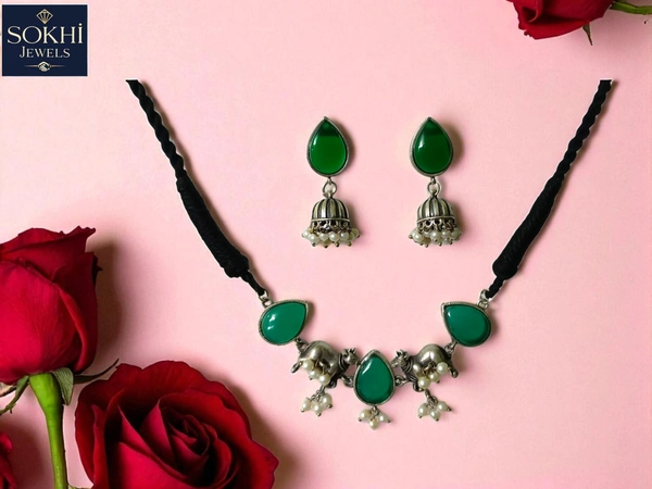 Sokhi Jewels Silver Replica Ethnic Elephant Charm Necklace & Earrings Set – Maroon Teardrop Stones with Pearl Drops on Braided Black Cord for Festive & Spiritual Wear for Women & Girls - Mojo