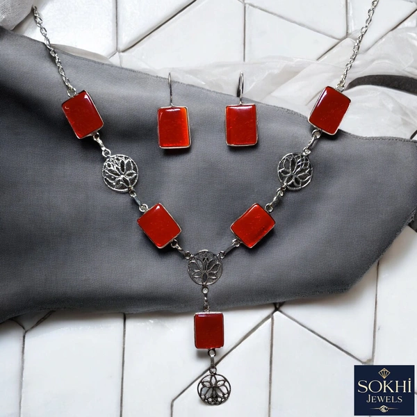 Sokhi Jewels Red Stone Necklace & Earrings Set – Antique Silver-Plated Floral Design for Festive & Ethnic Wear for Women & Girls