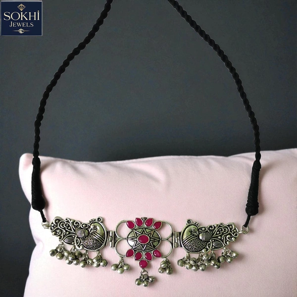 Sokhi Jewels Antique Silver Replica Necklace & Earrings Set – Red Stone Floral Design with Pearl Chain Detailing for Ethnic & Festive Elegance for Women & Girls